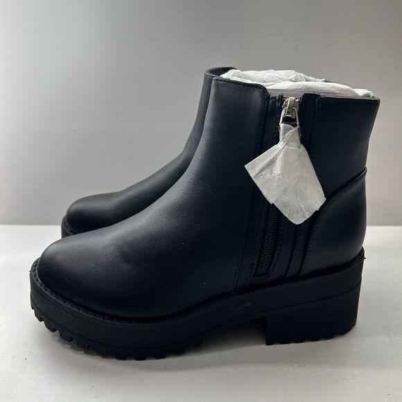 Qupid Women Side Zip Lug Black Platform Chunky Ankle Boot Size 6 - Picture 2 of 11